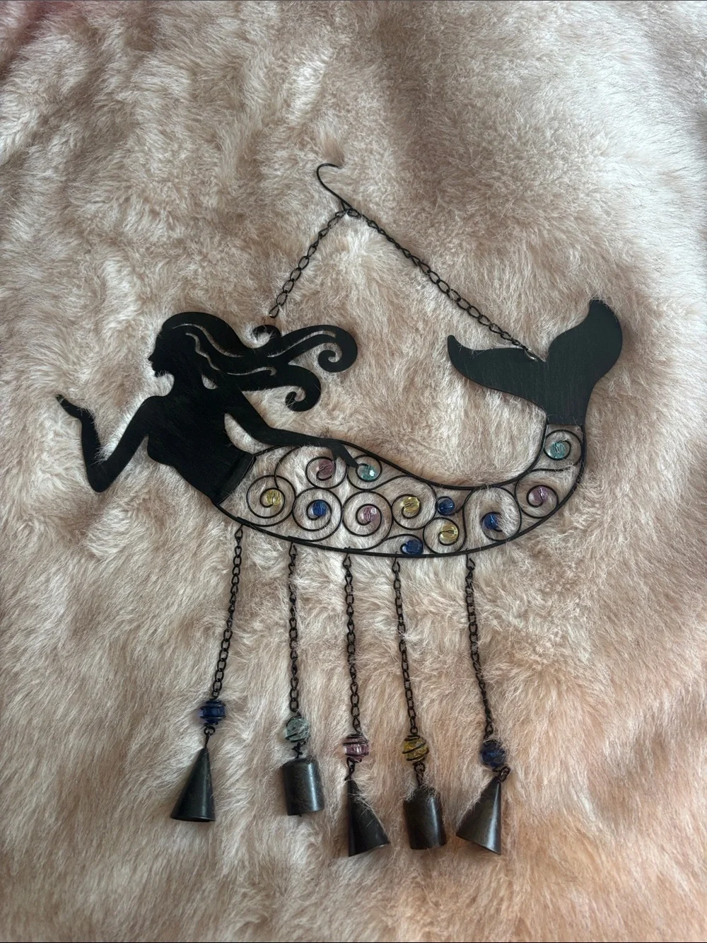 Black Metal Mermaid Wall Hanging or wind chime with Multicolor Accents